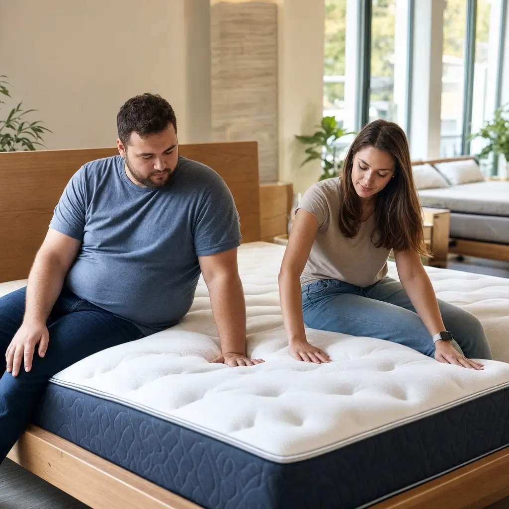 Como escolher colchão para casal com pesos diferentes casal testando colchão na cama