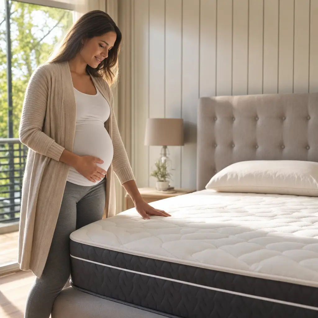 Como escolher colchão para gestante: firmeza e altura ideais mulher grávida ao lado da cama com colchão