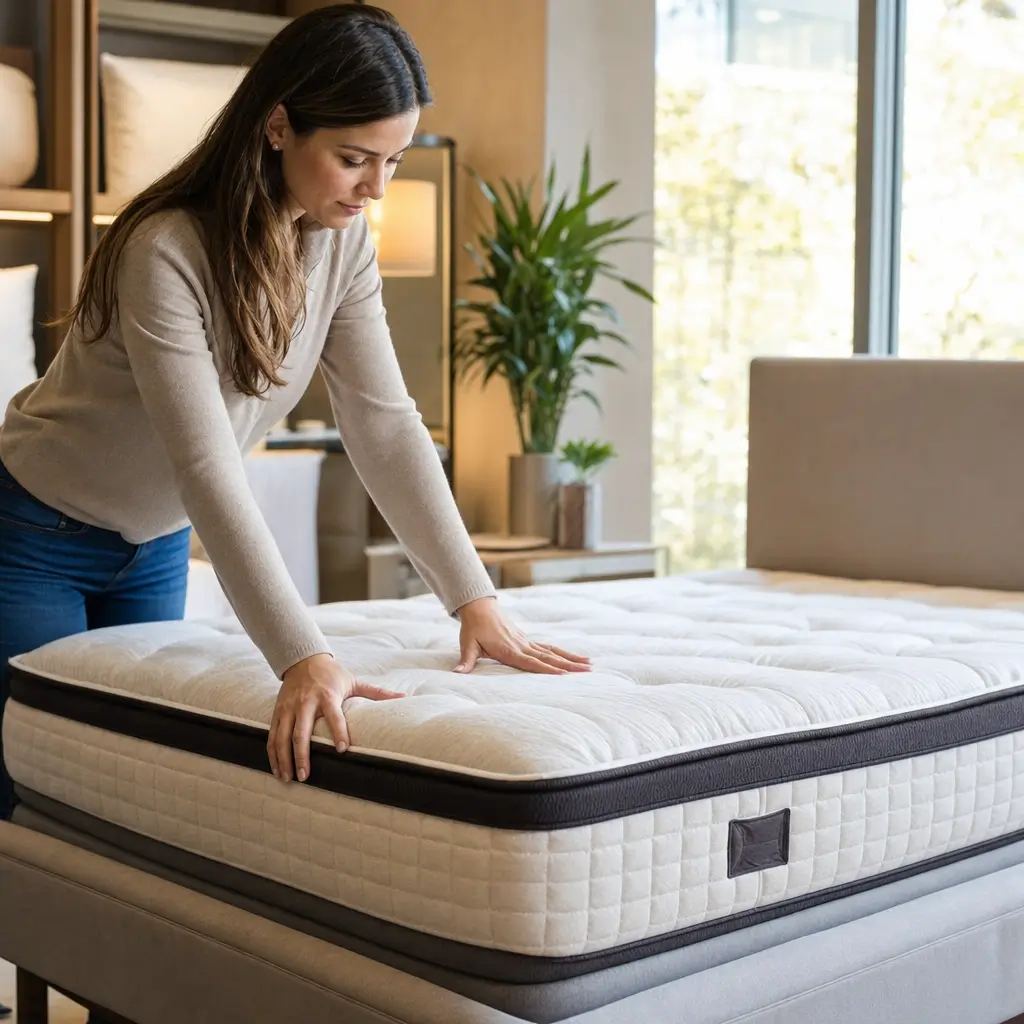 Como escolher colchão pillow top: o que é e vale a pena mulher tocando o colchão