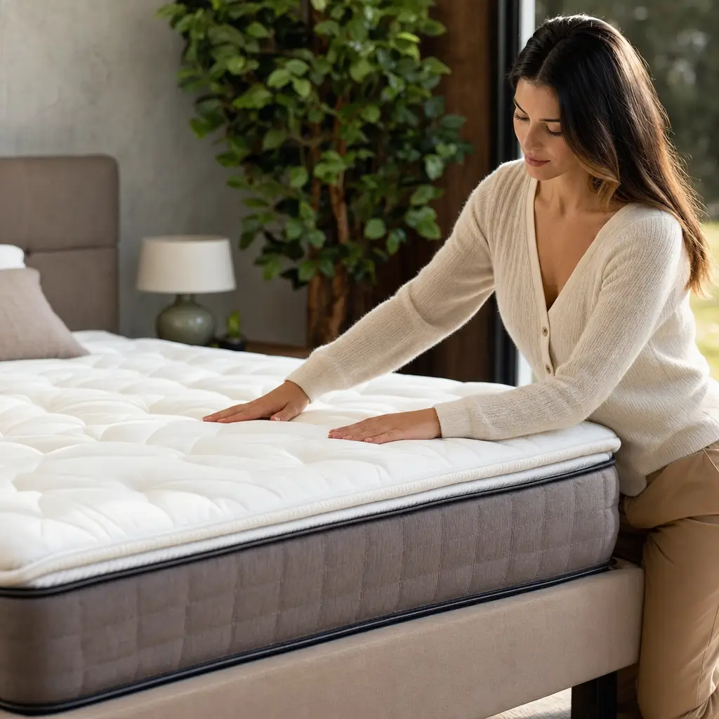 Como escolher colchão pillow top: o que é e vale a pena mulher tocando o colchão na cama
