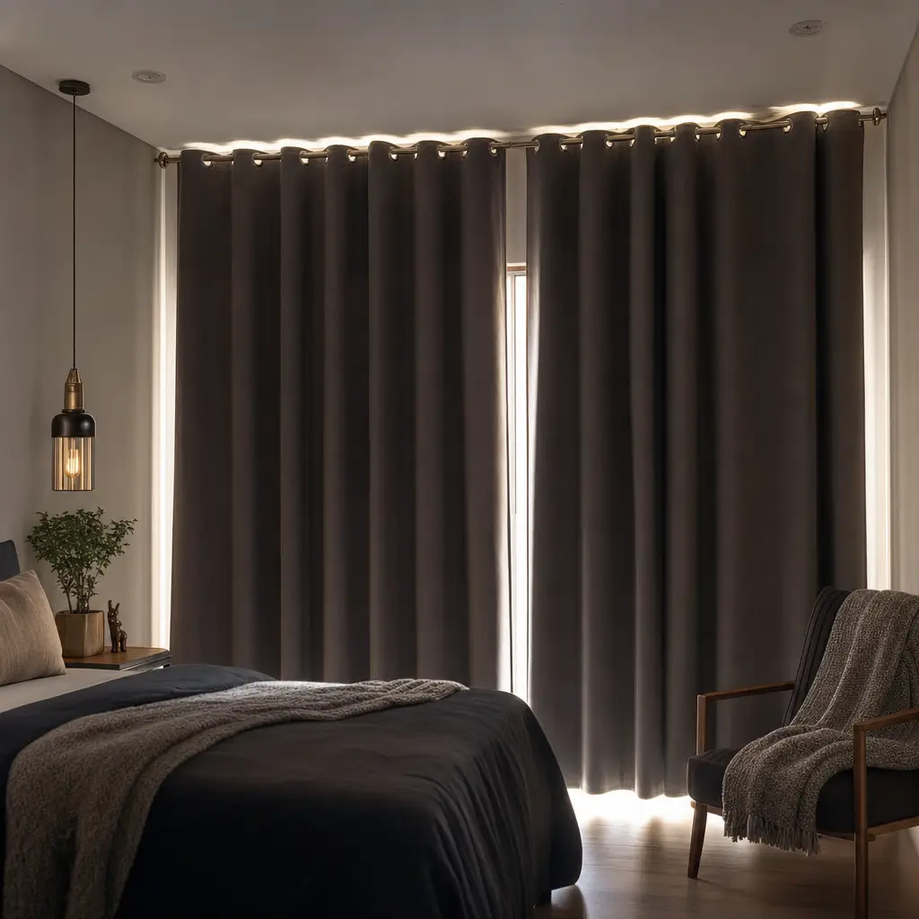 Como escolher cortina blackout: largura e altura ideais cortina preta no quarto com luz de janela