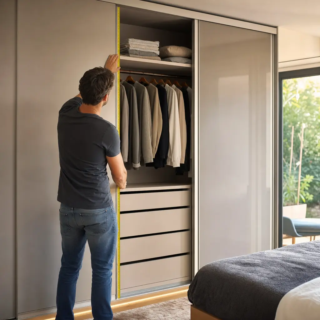 Como escolher guarda-roupa com portas de correr: medidas que evitam arrependimento homem medindo armário com portas de correr