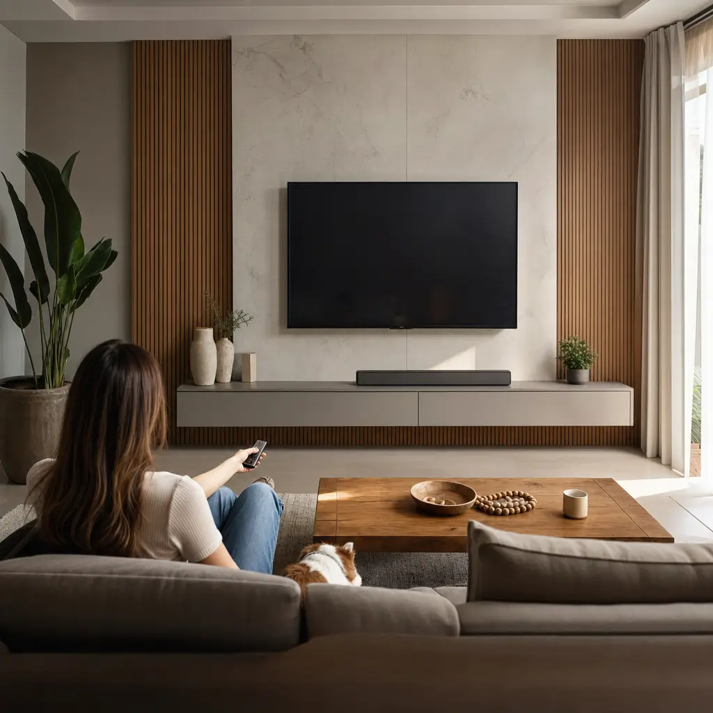 Como escolher painel de TV: altura e medidas painel com TV na parede, sala com sofá cinza e pet