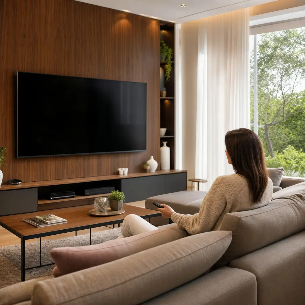 Como escolher painel de TV: altura e medidas sala com sofá e painel com TV