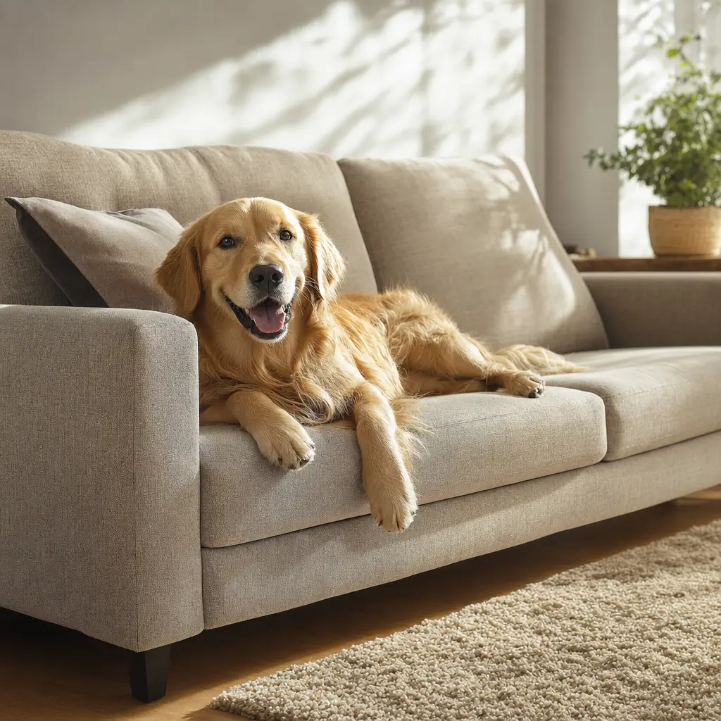 Como escolher sofá para quem tem pet: tecido que não gruda cachorro em sofá bege