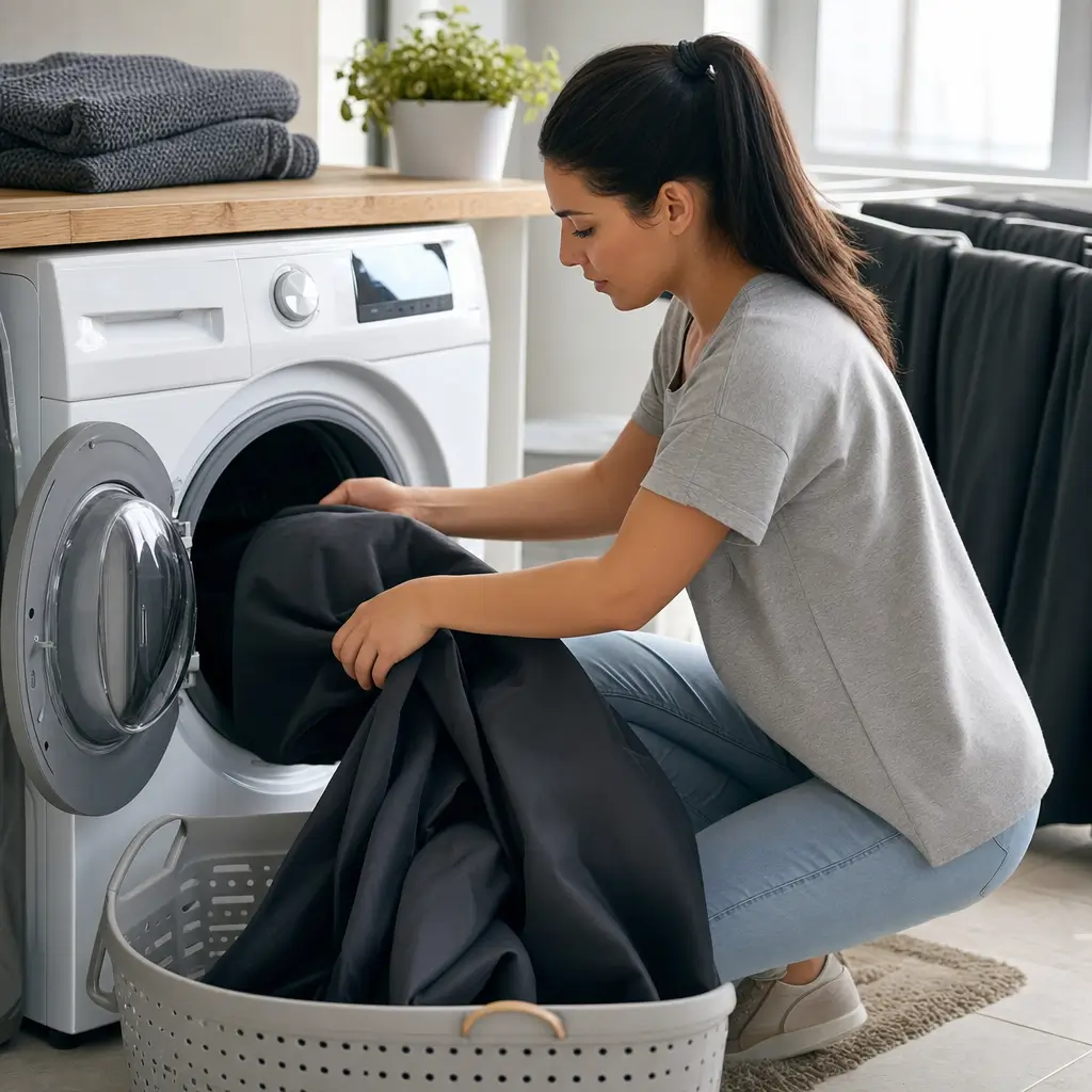 Como lavar cortina blackout sem desbotar mulher colocando cortina na máquina de lavar