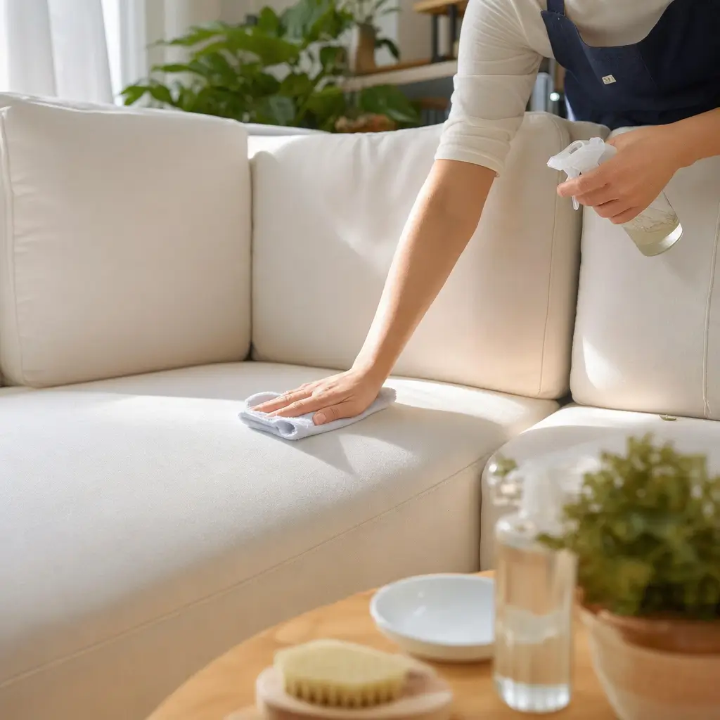 Como limpar sofá branco: sem amassar e sem encardir, pessoa limpa sofá branco com pano e spray