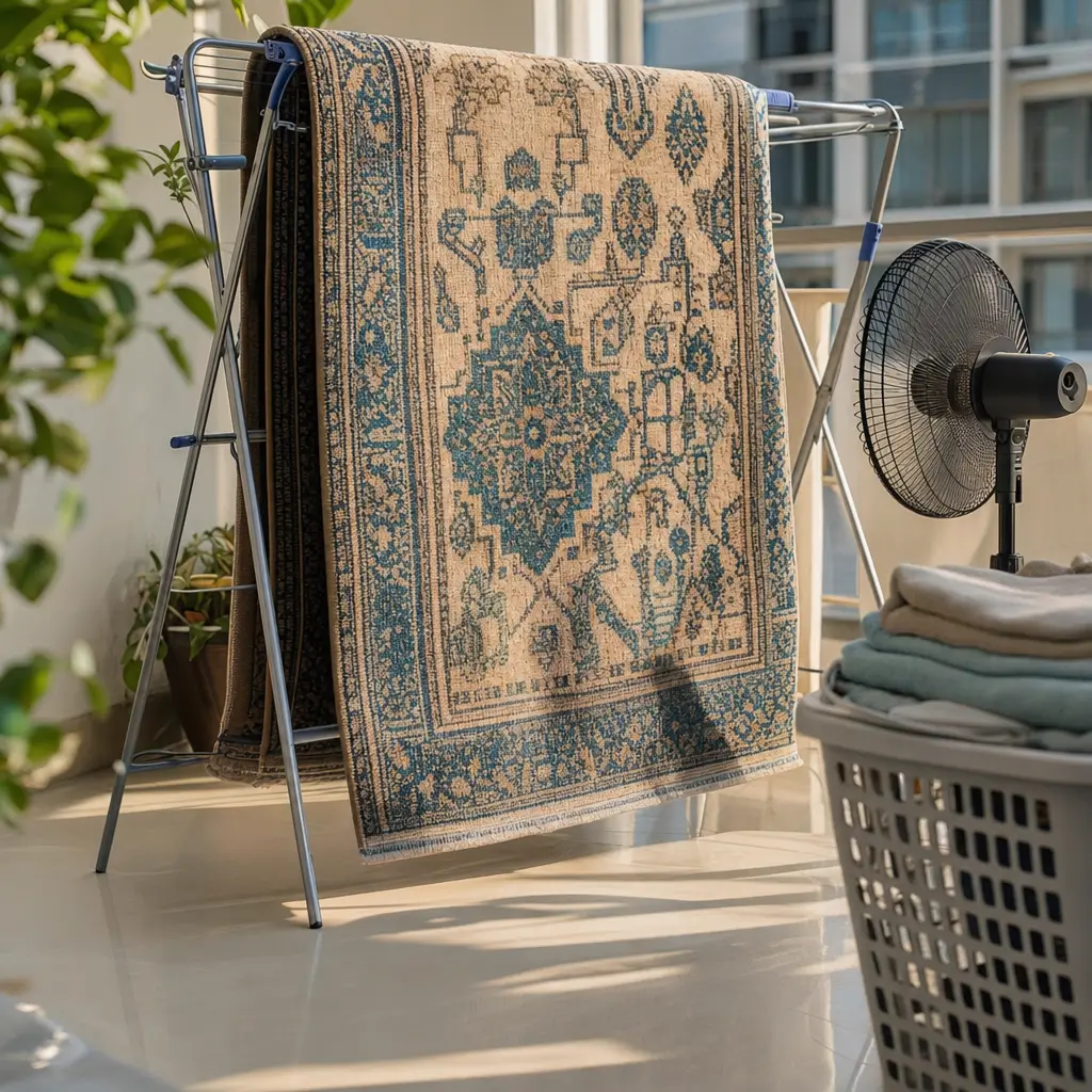 Como secar tapete depois de lavar sem dar mofo e sem ficar com cheiro ruim tapete estampado secando no varal com ventilador na varanda