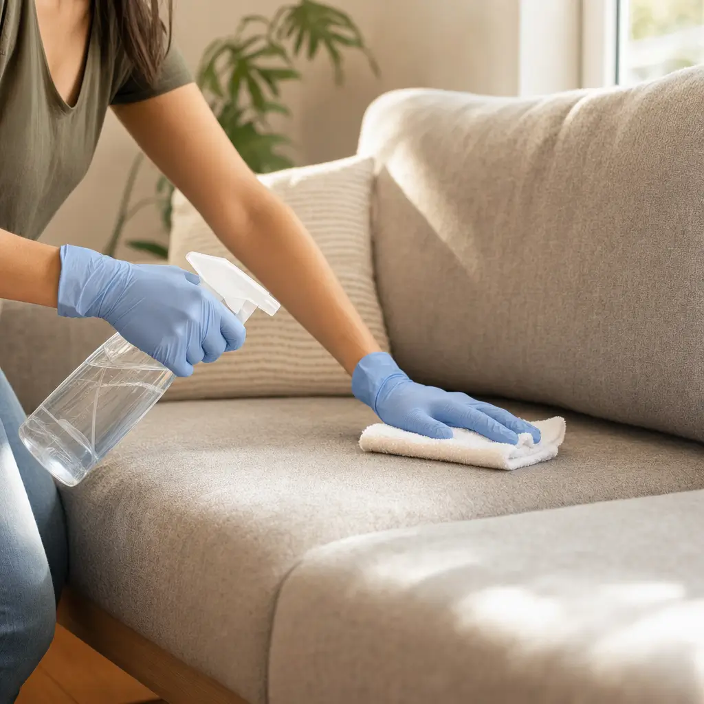 Como tirar cheiro de mofo do sofá sem manchar o tecido: pessoa limpando sofá com spray e pano.