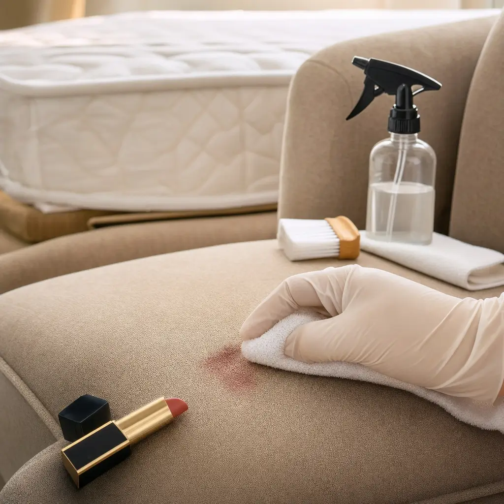 Como tirar mancha de maquiagem do estofado e do colchão spray e toalha no sofá