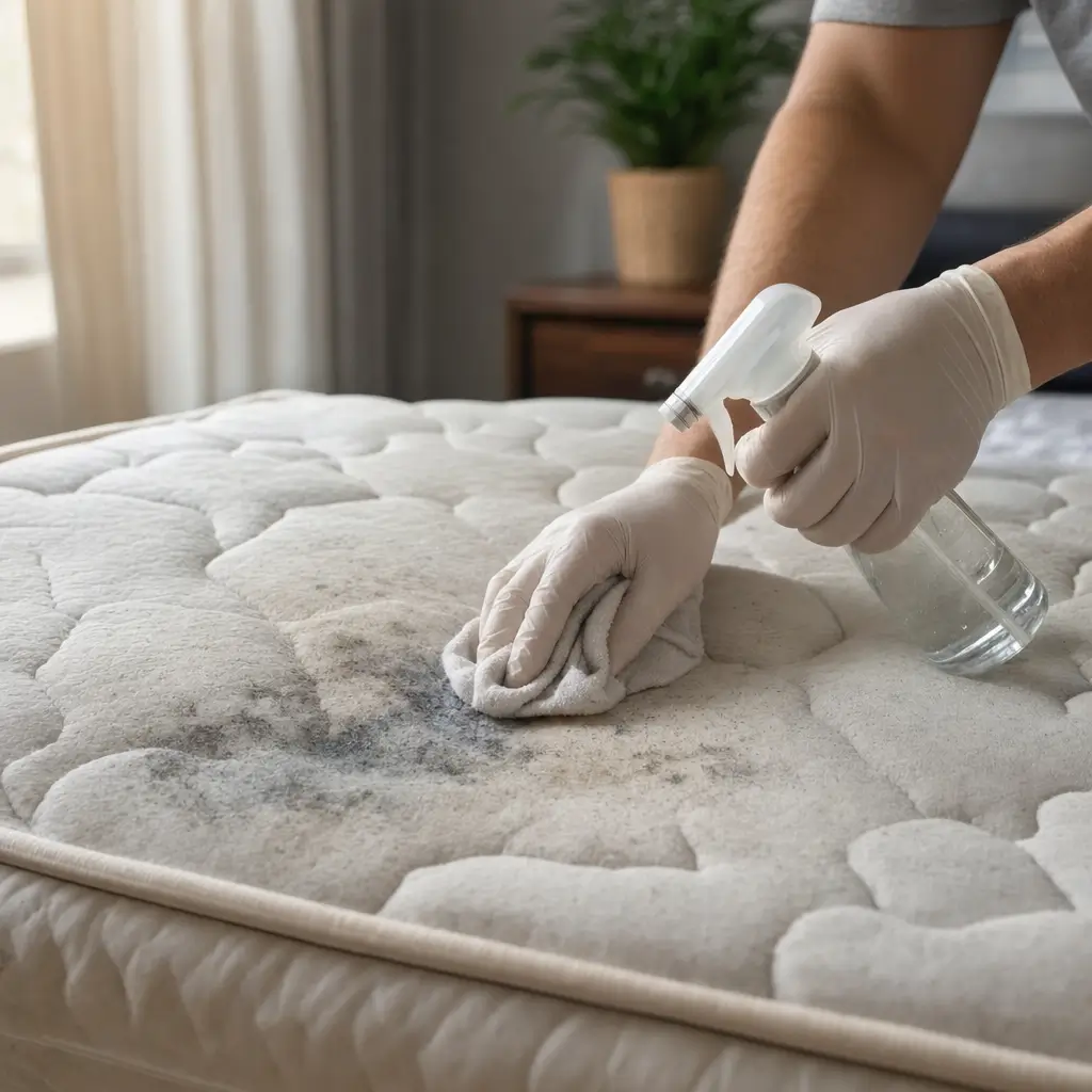Como tirar mancha de mofo do colchão sem encharcar, mãos com luvas aplicando produto no colchão