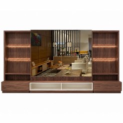 Estante Home Paollo 300cm Com Led 2 Portas Com Espelho Bronze E 2 Gavetas Pollo Decor Nogueira Off White 36244