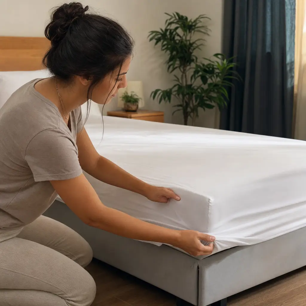 Lençol com elástico fica frouxo: como escolher o tamanho mulher ajustando lençol na cama