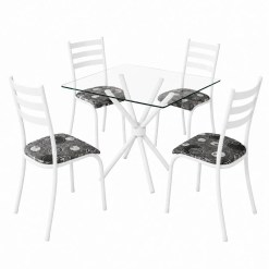 Mesa Ipanema Quadrada Tampo Vidro 75x75cm Com 4 Cadeiras Tubular Teixeira Branco 62969