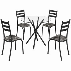 Mesa Ipanema Redonda Tampo Vidro 75x75cm Com 4 Cadeiras Tubular Teixeira Preto 57931