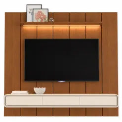 Painel Lumi 220cm Com Nicho E Led Para Tv Ate 75 Polegadas Ripado Edn Cedro Off White 30468