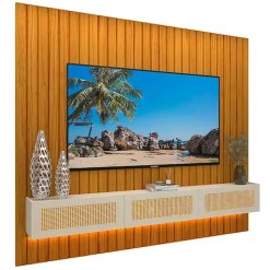 Painel Majestade Native 230cm Com Led Para Tv Ate 80 Polegadas Ripado E Tela Rattan Gelius Naturale Off White 30819