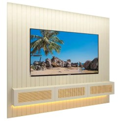 Painel Majestade Native 230cm Com Led Para Tv Ate 80 Polegadas Ripado E Tela Rattan Gelius Off White 14711