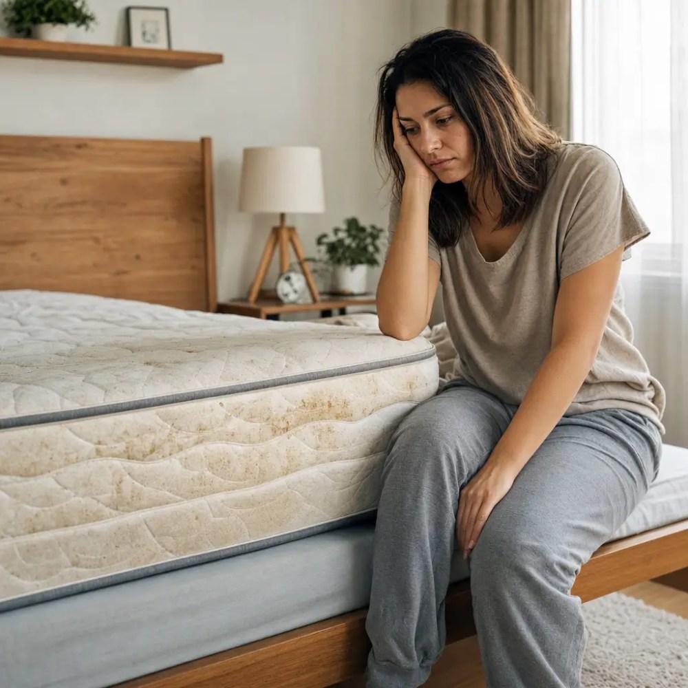 Quanto tempo dura um colchão? sinais de troca mulher pensativa ao lado do colchão