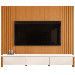 Rack Monaco Com Painel Sierra 220cm Para Tv Ate 75 Polegadas 3 Gavetas Ripado Giga Nature Off White 11753