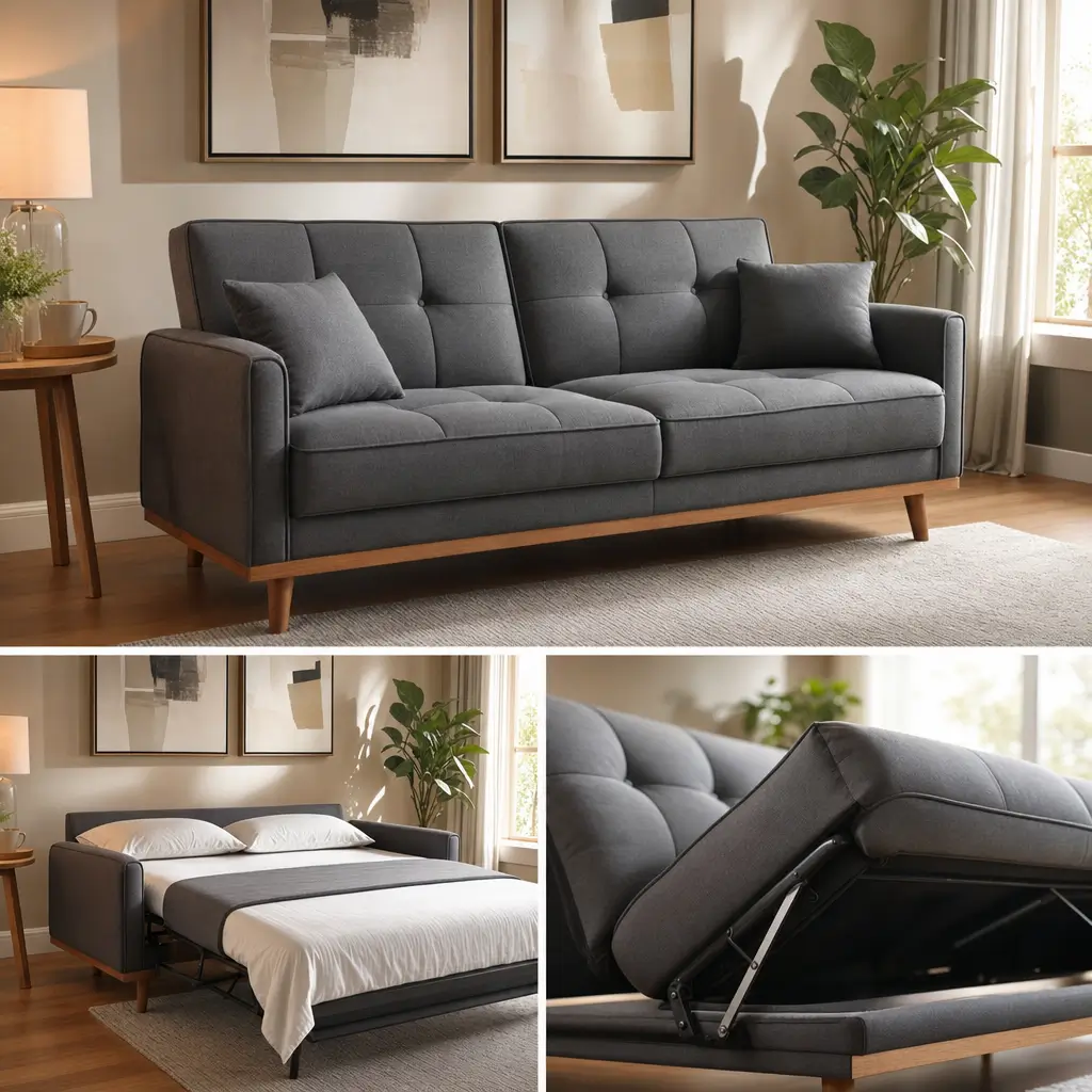 Sofá-cama vale a pena: conforto e medidas, sofá cinza 2 e 3 posições com cama aberta em sala clara