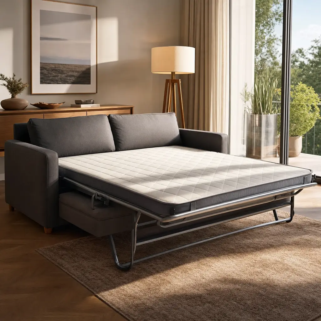 Sofá-cama vale a pena: conforto e medidas, sofá cinza aberto em sala clara com tapete e cortinas