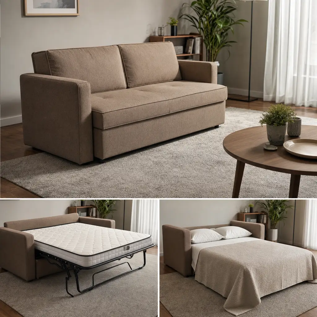 Sofá-cama vale a pena: conforto e medidas, sofá marrom aberto como cama em sala