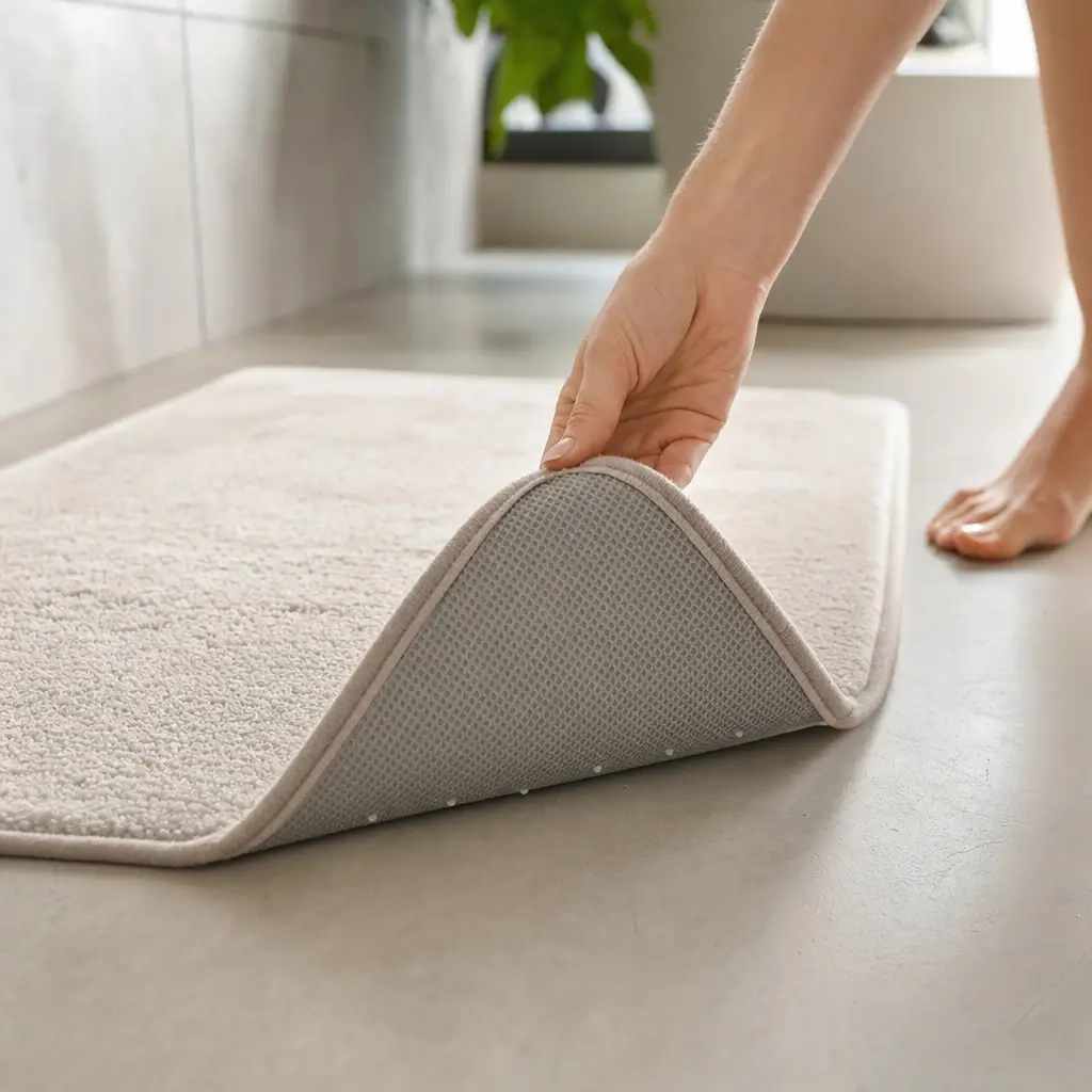 Tapete antiderrapante: como saber se segura, mão pressionando tapete no piso na sala