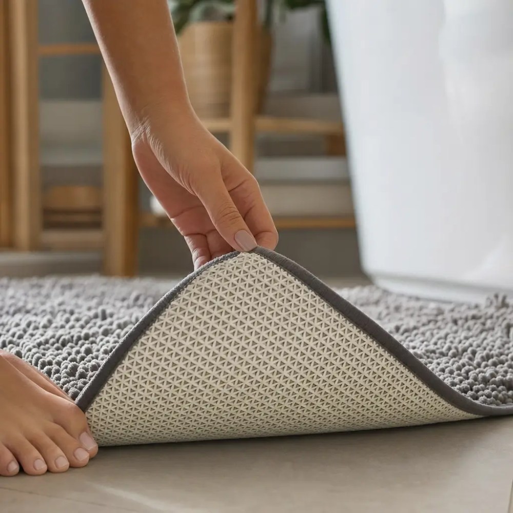 Tapete antiderrapante: como saber se segura, mão puxando tapete sobre piso liso