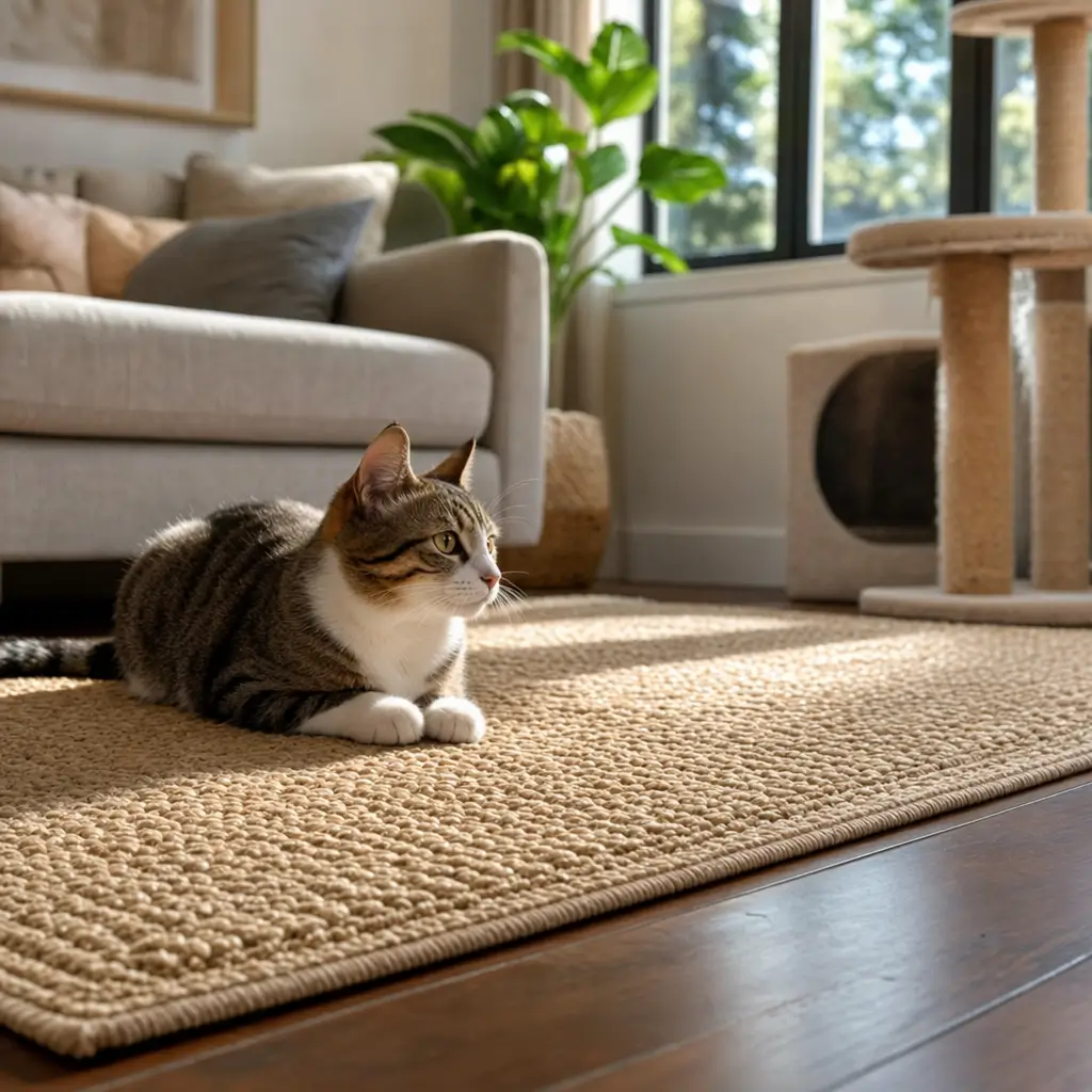 Tapete para quem tem gato e limpar sem arranhar, gato no tapete