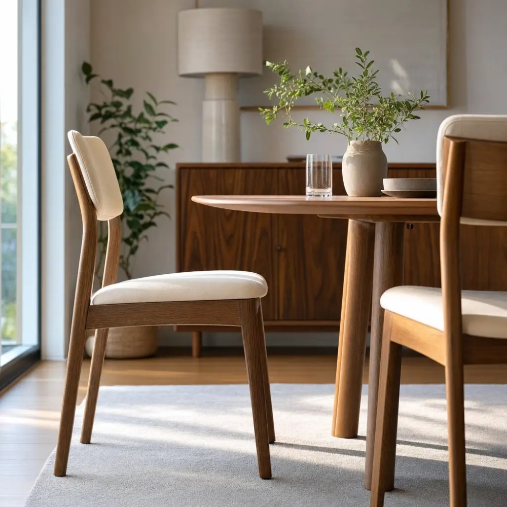 Altura ideal da cadeira para mesa de jantar: medidas em cm, cadeira de madeira clara ao lado da mesa de jantar de madeira