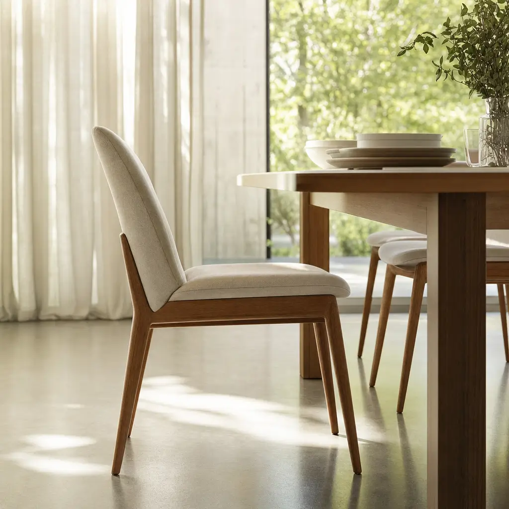 Altura ideal da cadeira para mesa de jantar: medidas em cm cadeira de madeira estofada ao lado de mesa