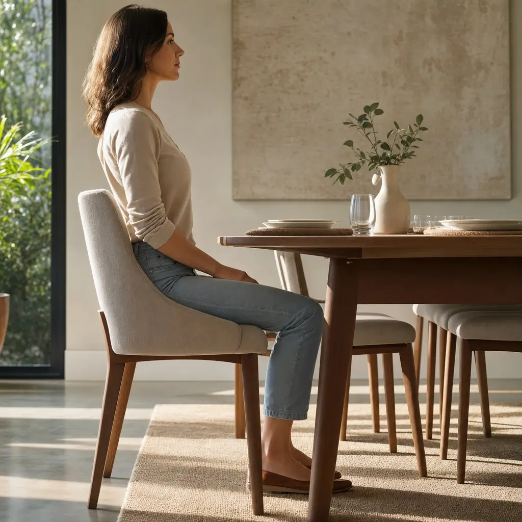 Altura ideal da cadeira para mesa de jantar: medidas em cm mulher sentada em cadeira estofada na sala