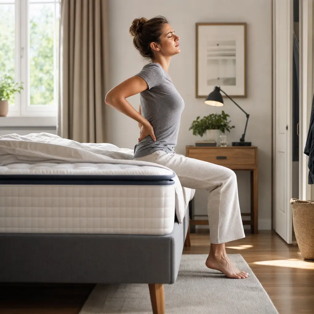 Altura ideal do colchão: quanto deve ser mulher levantando com dor nas costas ao lado da cama