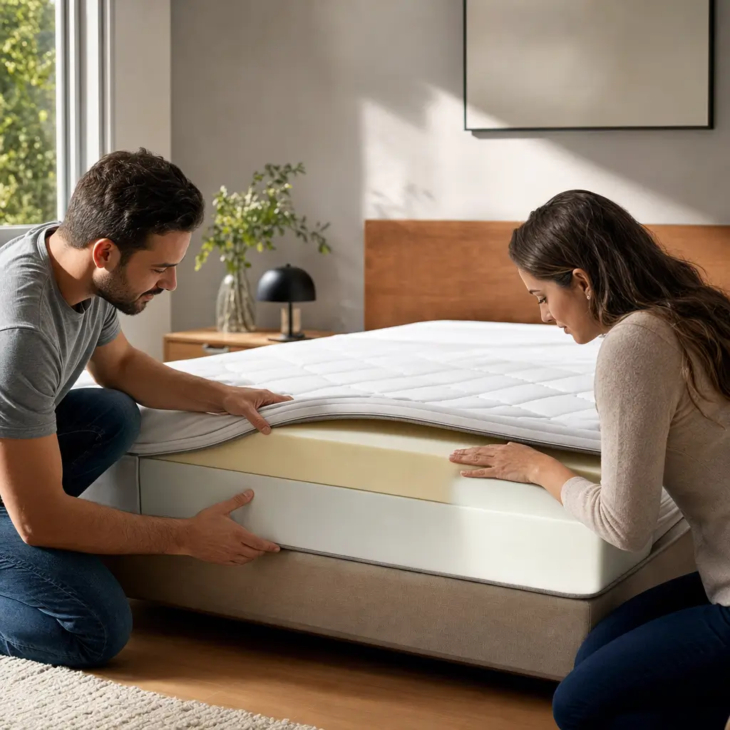 Colchão de espuma D33: firmeza e durabilidade em cama, casal testando conforto