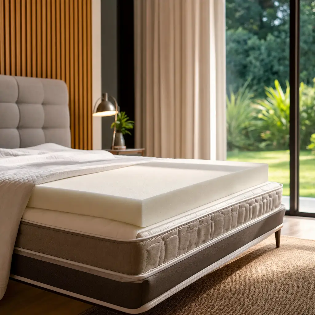 Colchão de espuma D33: firmeza e durabilidade em cama, close do topo e base beige