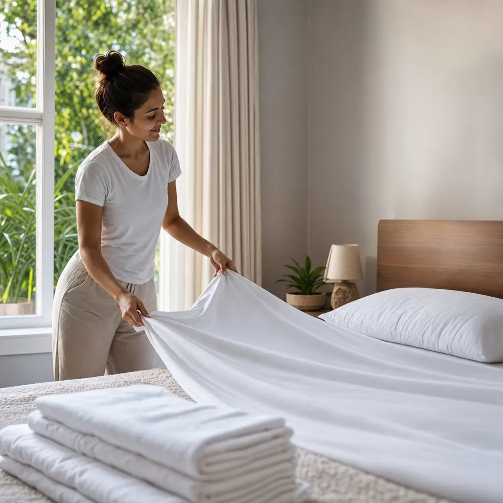 Com que frequência trocar lençol e fronha ideal: mulher trocando lençol na cama