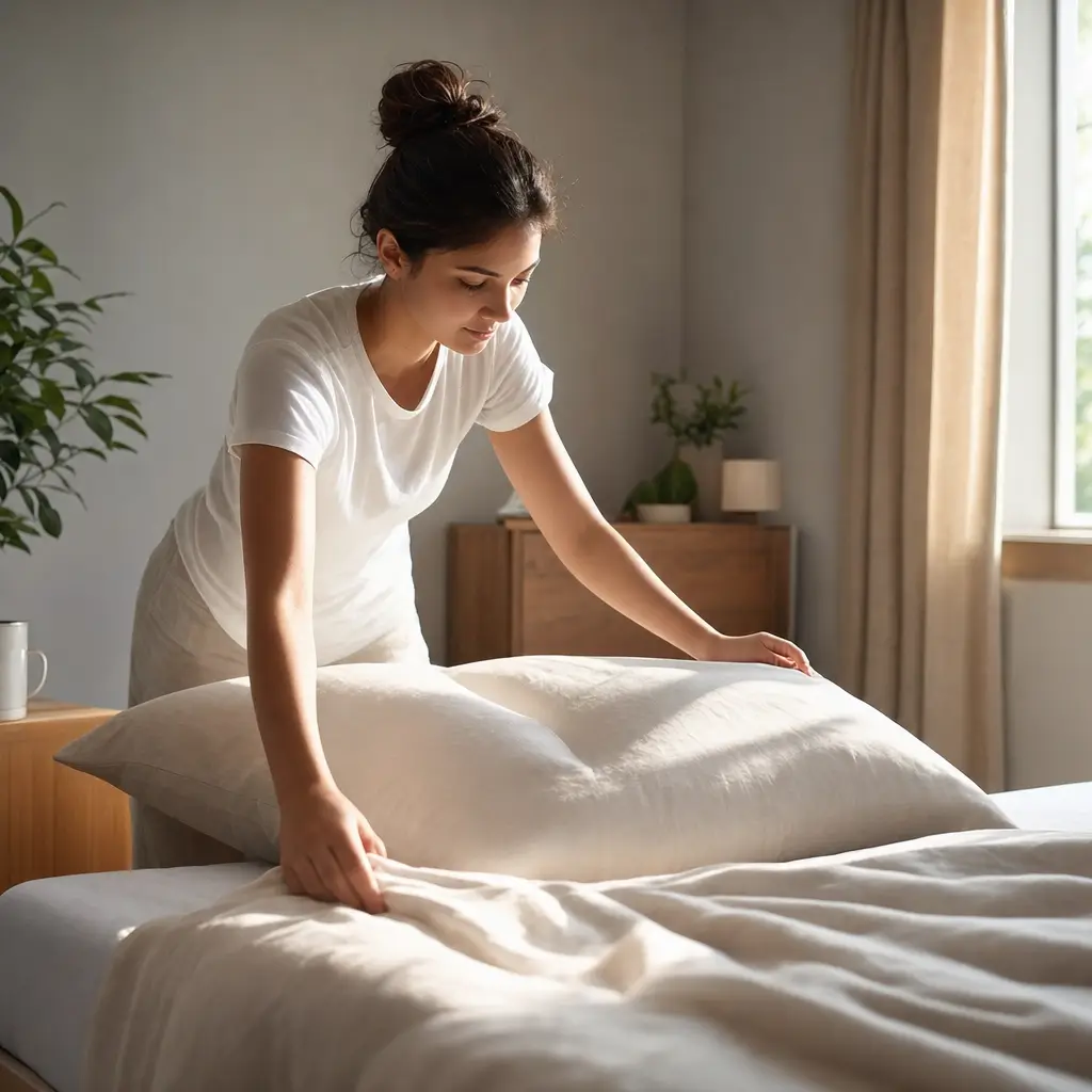 Com que frequência trocar lençol e fronha ideal: mulher trocando lençol na cama