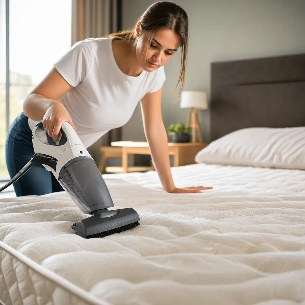Como eliminar ácaros do colchão: limpeza e frequência, mulher aspirando colchão branco com aspirador