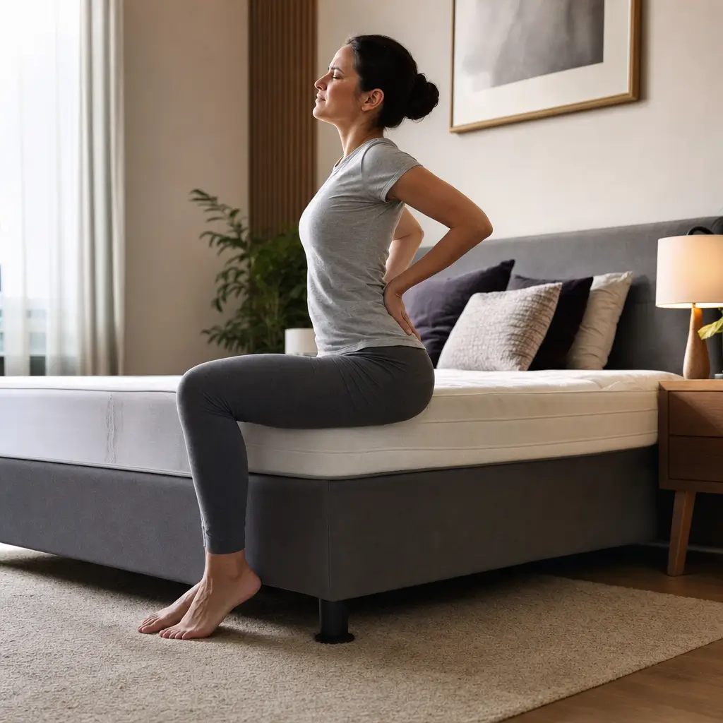 Como escolher a altura da cama box pra não ter dor na coluna mulher em pé apoiando na cama box
