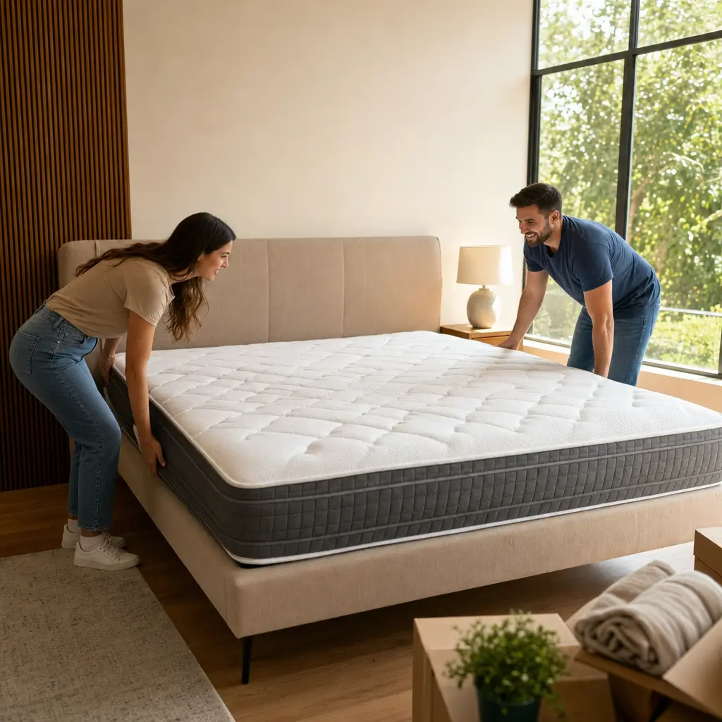 Como escolher colchão Queen size: medidas e instalação casal ajustando colchão na cama