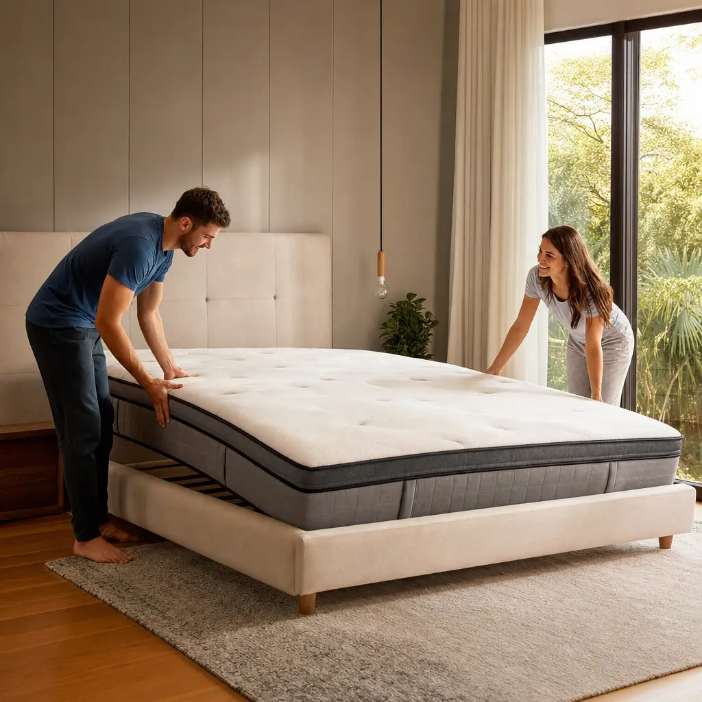 Como escolher colchão Queen size: medidas e instalação casal ajustando colchão na cama