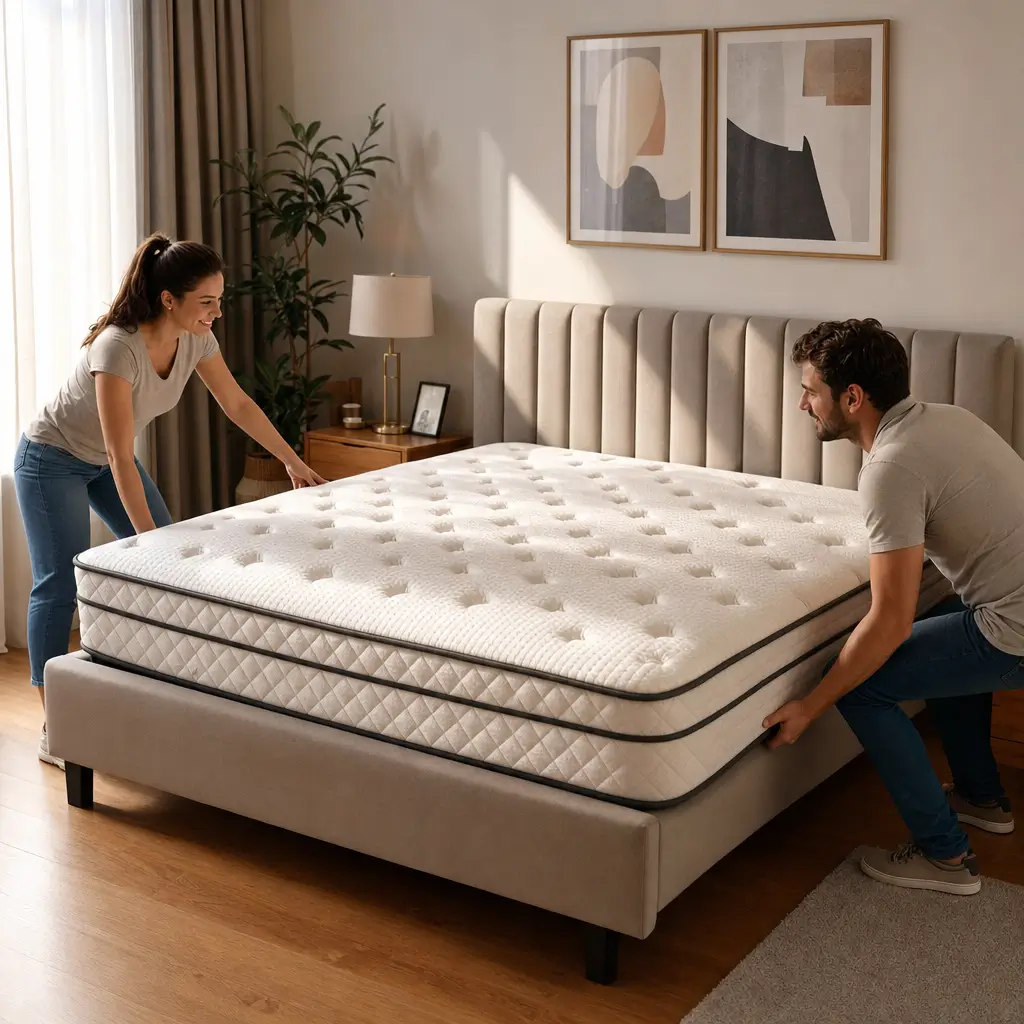Como escolher colchão Queen size: medidas e instalação casal ajustando colchão na cama
