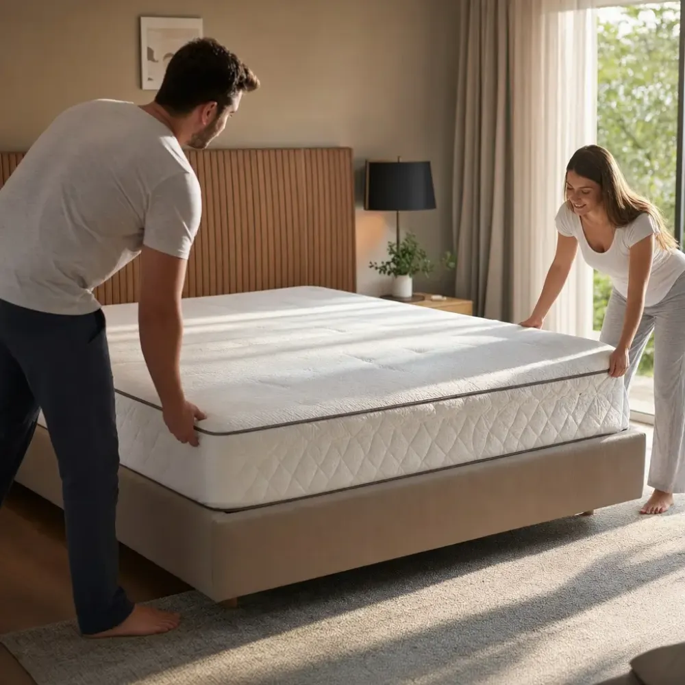 Como escolher colchão king size ideal para quarto, casal ajusta colchão no quarto