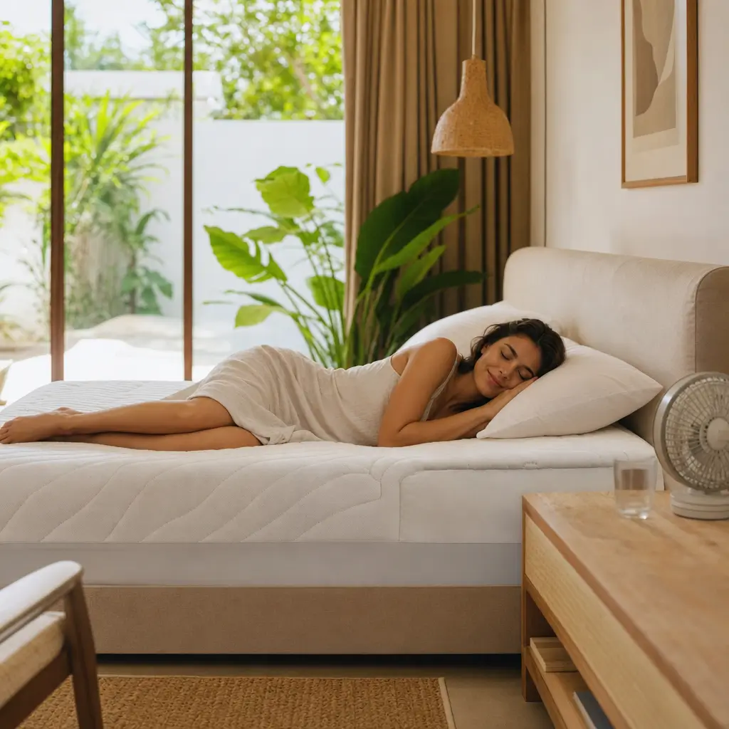 Como escolher colchão para dormir melhor no calor mulher deitada em colchão claro perto da janela