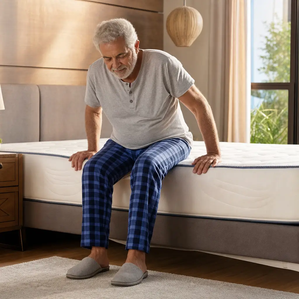 Como escolher colchão para idosos altura ideal homem sentado na cama box levantando
