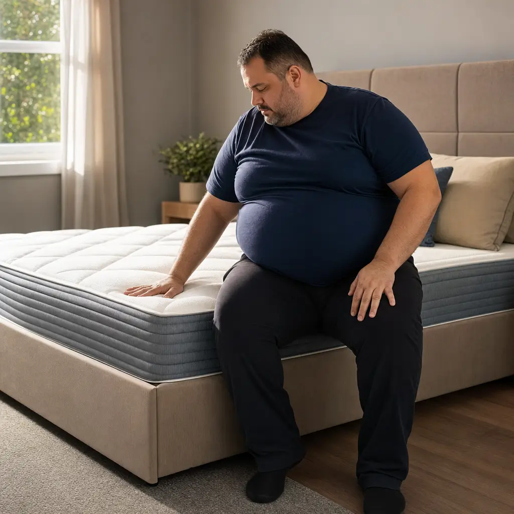 Como escolher colchão para pessoas pesadas firmeza e suporte que fazem diferença homem sentado testando colchão na sala