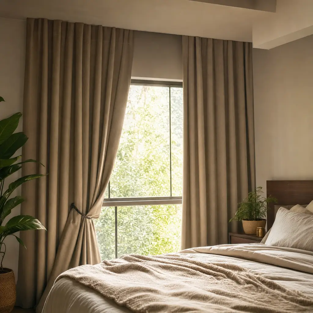 Como escolher cortina para bloquear calor: dicas cortinas bege no quarto com janela e luz do sol