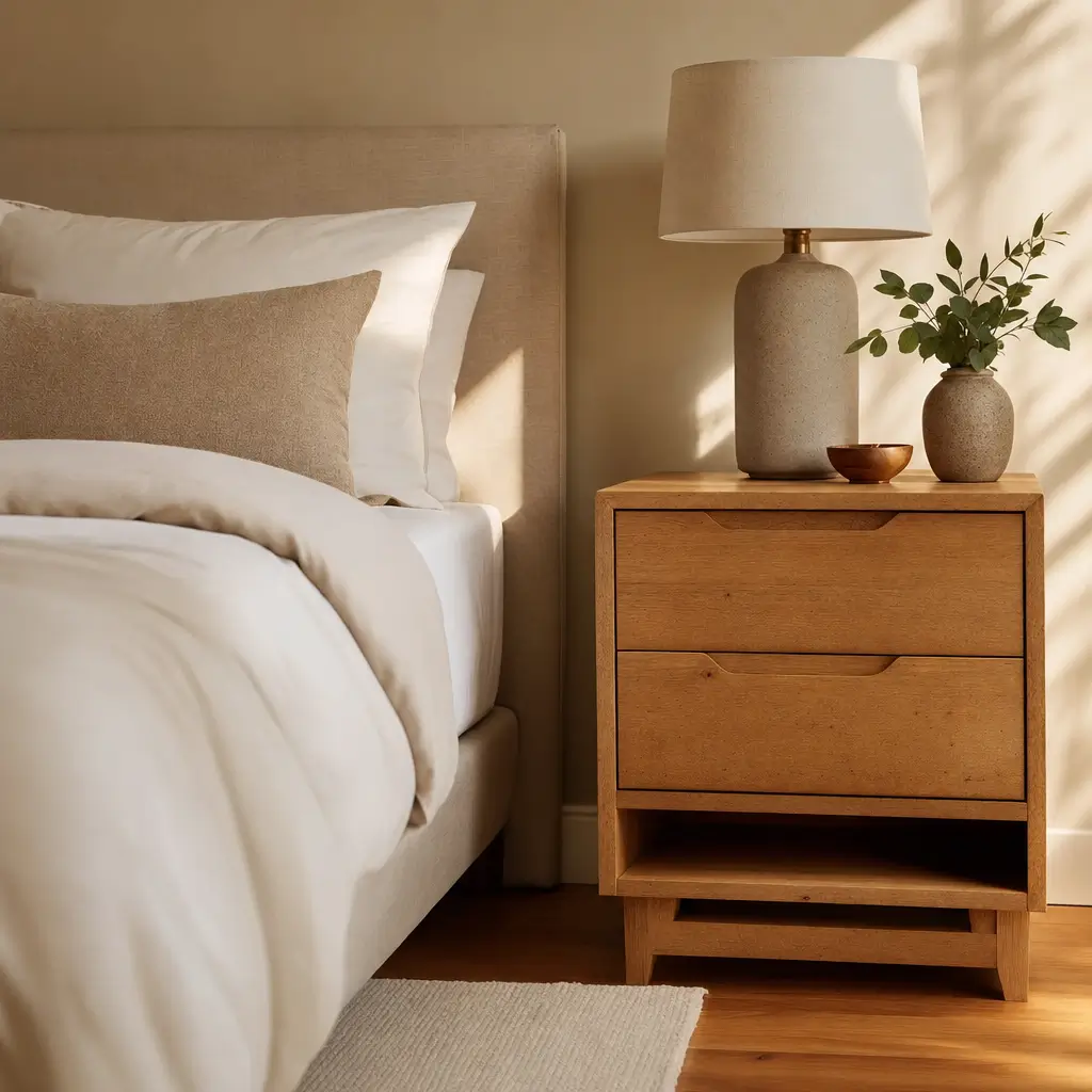 Como escolher mesa de cabeceira: altura ideal mesa de cabeceira de madeira com abajur ao lado da cama