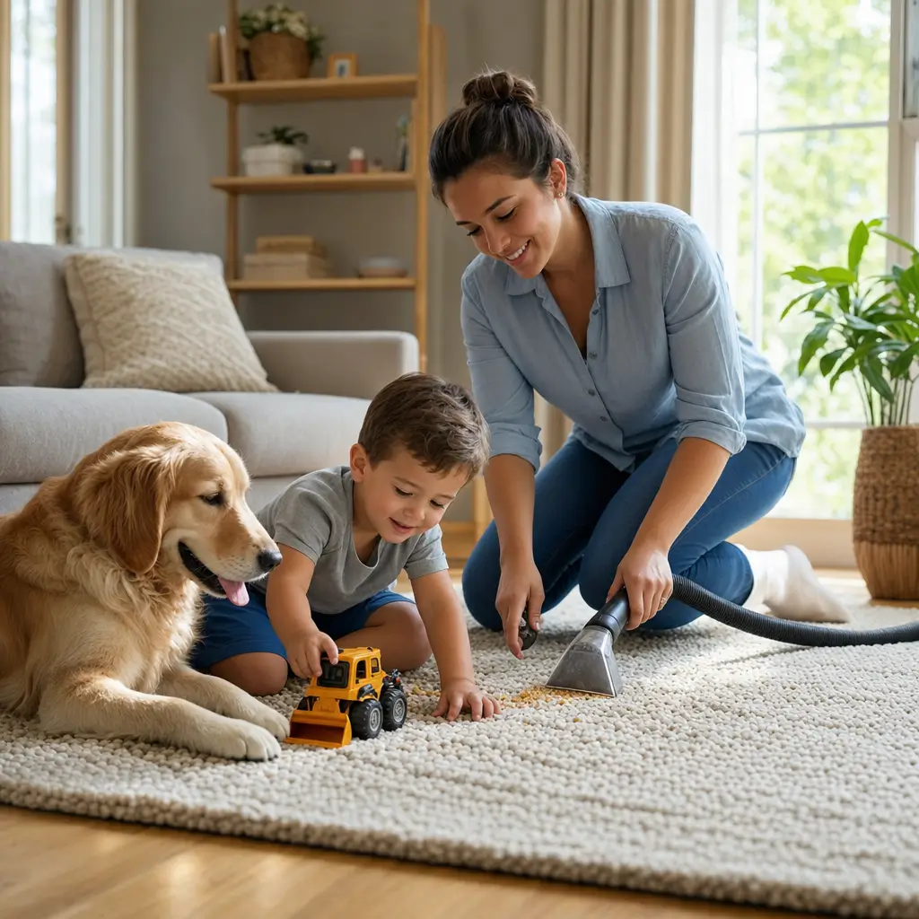 Como escolher tapete para quem tem criança: lavável, criança e cachorro no tapete sendo aspirado